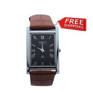 Seiko Slim Vintage Quartz Men's Wrist Watch Black Dial with new Camel Strap
